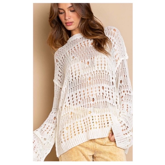 New Beautiful POL Crochet Detail Oversized Ivory Lightweight Sweater - Picture 3 of 7